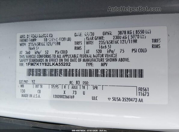 1FMZK1Y82LKA55202 2020 FORD TRANSIT-150 PASSENGER VAN White Vista del compartimento del motor