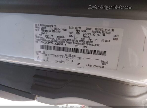 1FMZK1Y88LKB23115 2020 FORD TRANSIT-150 PASSENGER VAN White Vista del compartimento del motor