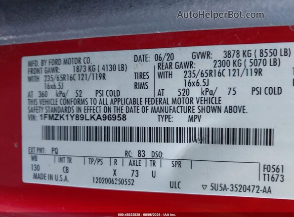 1FMZK1Y89LKA96958 2020 FORD TRANSIT-150 PASSENGER VAN Красный Вид подкапотного пространства