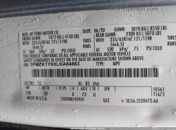 1FMZK1Y8XLKA84883 2020 FORD TRANSIT-150 PASSENGER VAN White Вид підкапотного простору