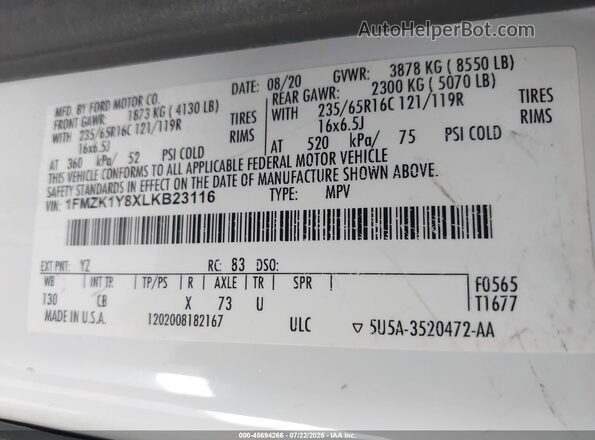 1FMZK1Y8XLKB23116 2020 FORD TRANSIT-150 PASSENGER VAN Blue Vista del compartimento del motor