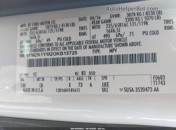 1FMZK1YM2GKB15725 2016 FORD TRANSIT-150 White Շարժիչի բաժամունքի տեսք