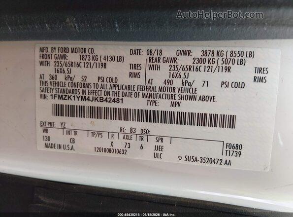1FMZK1YM4JKB42481 2018 FORD TRANSIT-150 White Widok komory silnika