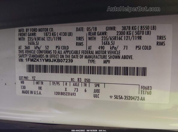 1FMZK1YM9JKB07239 2018 FORD TRANSIT-150 White Vista del compartimento del motor