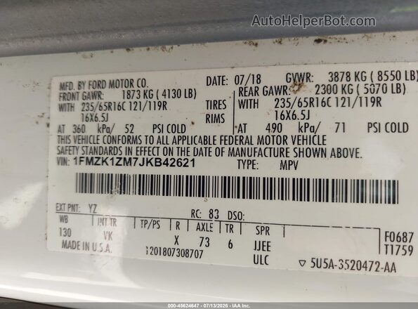 1FMZK1ZM7JKB42621 2018 FORD TRANSIT-150 White Շարժիչի բաժամունքի տեսք