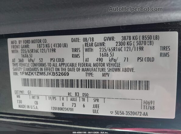 1FMZK1ZM8JKB52669 2018 FORD TRANSIT-150 Черный Вид подкапотного пространства
