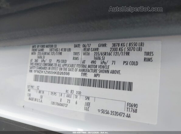 1FMZK1ZMXHKB26598 2017 FORD TRANSIT-150 White Vista del compartimento del motor
