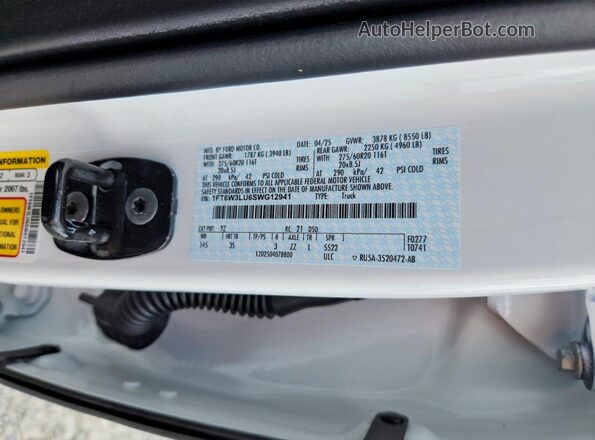1FT6W3LU6SWG12941 2025 FORD F150 White Вид підкапотного простору
