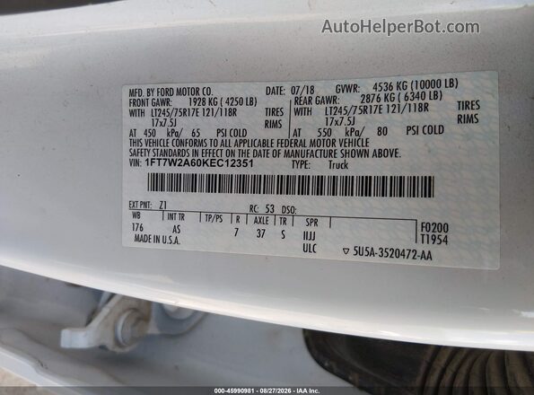 1FT7W2A60KEC12351 2019 FORD F-250 White ძრავის განყოფილების ხედი