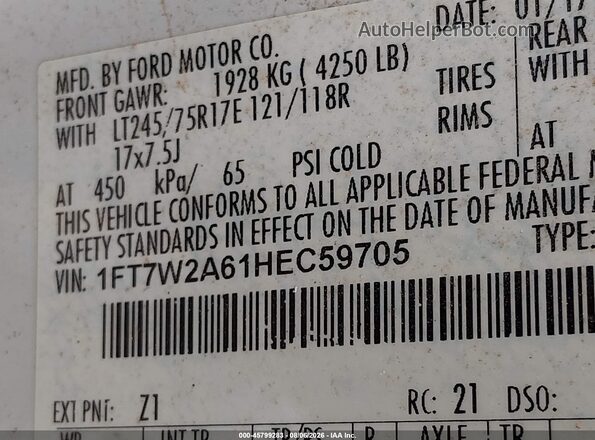 1FT7W2A61HEC59705 2017 FORD F-250 White Vista del compartimento del motor