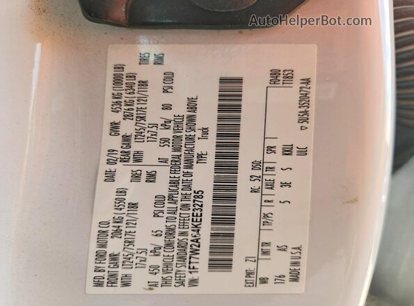 1FT7W2A64KEE32785 2019 FORD F250 White Widok naklejki z numerem VIN