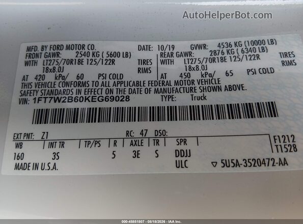 1FT7W2B60KEG69028 2019 FORD F-250 White Вид підкапотного простору