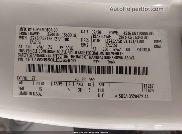 1FT7W2B60LEE63810 2020 FORD F-250 Белый Вид подкапотного пространства