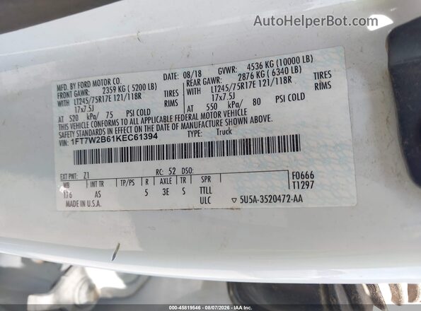 1FT7W2B61KEC61394 2019 FORD F-250 White Vista del compartimento del motor