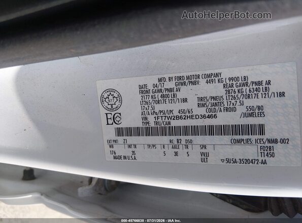 1FT7W2B62HED36466 2017 FORD F-250 Белый Вид подкапотного пространства