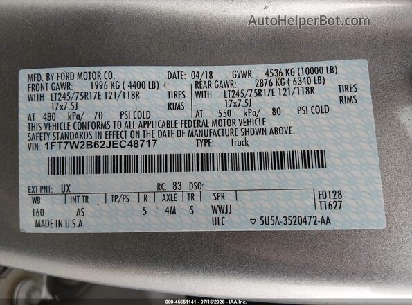 1FT7W2B62JEC48717 2018 FORD F-250 Silver Widok komory silnika