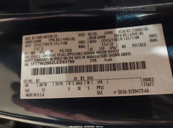 1FT7W2B62LEE63789 2020 FORD F-250 Blue Vista del compartimento del motor