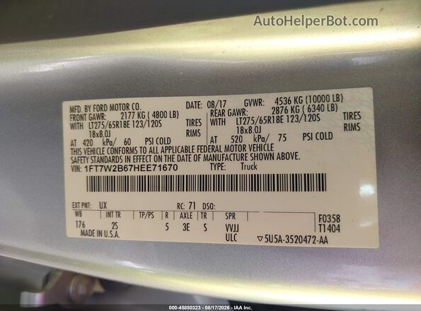 1FT7W2B67HEE71670 2017 FORD F-250 Silver ძრავის განყოფილების ხედი