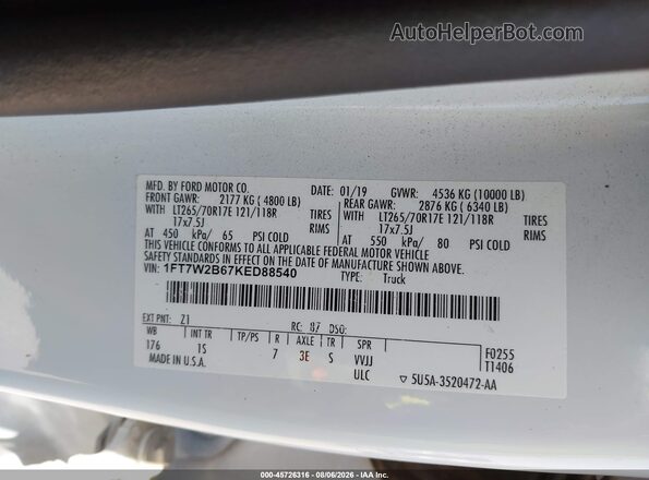1FT7W2B67KED88540 2019 FORD F-250 White ძრავის განყოფილების ხედი
