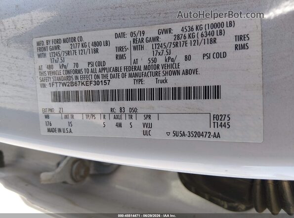 1FT7W2B67KEF30157 2019 FORD F-250 White Vista del compartimento del motor