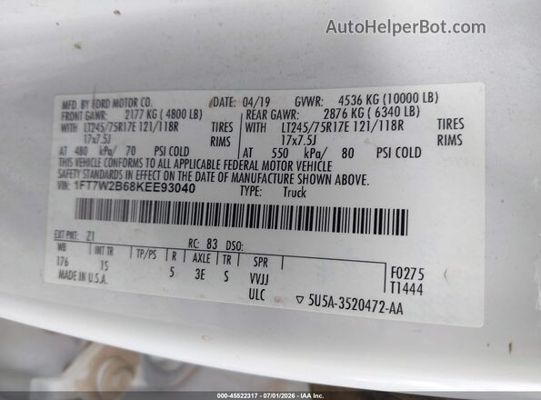 1FT7W2B68KEE93040 2019 FORD F-250 White ძრავის განყოფილების ხედი