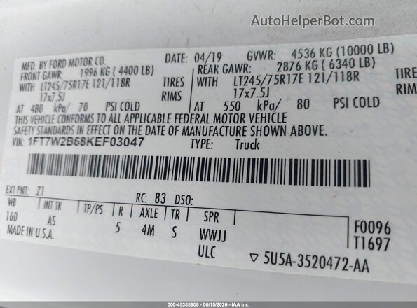 1FT7W2B68KEF03047 2019 FORD F-250 Белый Вид подкапотного пространства