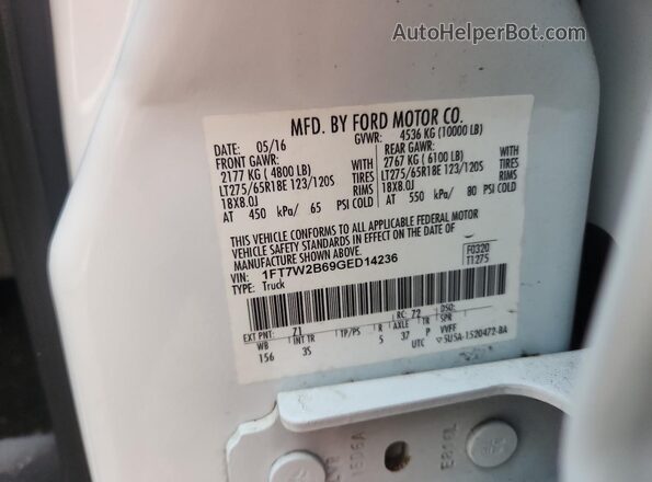 1FT7W2B69GED14236 2016 FORD F250 White Vista del compartimento del motor