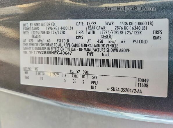 1FT7W2B69NEG40647 2022 FORD F250 Gray Vista del compartimento del motor