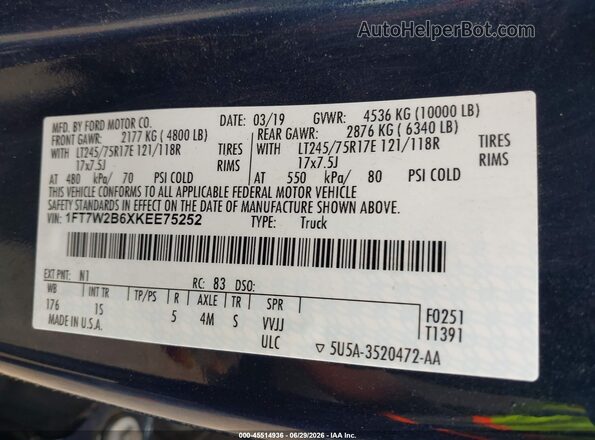 1FT7W2B6XKEE75252 2019 FORD F-250 Blue Вид підкапотного простору
