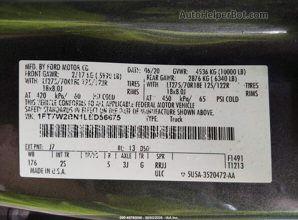 1FT7W2BN1LED56675 2020 FORD F-250 Gray Вид підкапотного простору