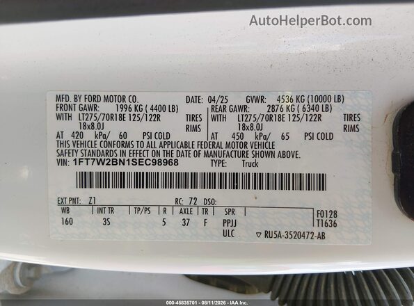 1FT7W2BN1SEC98968 2025 FORD F-250 White Շարժիչի բաժամունքի տեսք