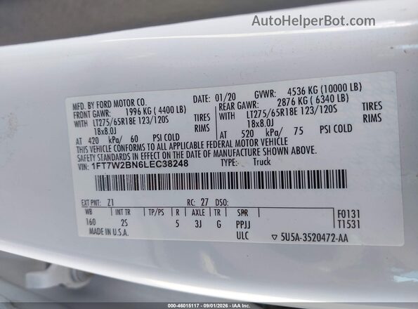 1FT7W2BN6LEC38248 2020 FORD F-250 White Widok komory silnika
