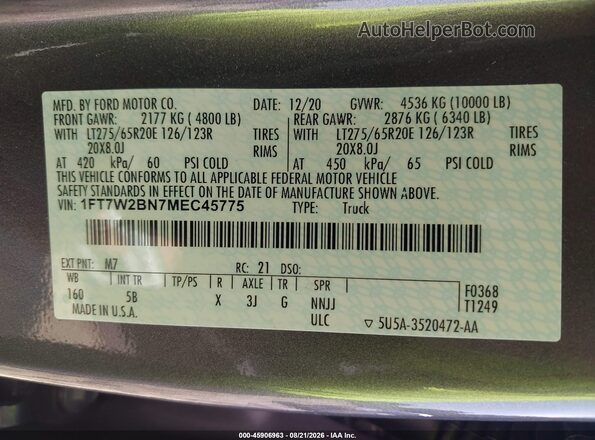 1FT7W2BN7MEC45775 2021 FORD F-250 Gray Vista del compartimento del motor