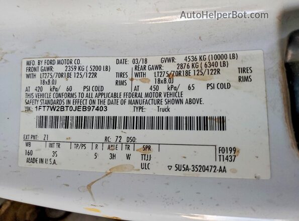 1FT7W2BT0JEB97403 2018 FORD F250 White Vista del compartimento del motor
