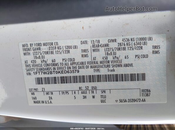 1FT7W2BT0KED63579 2019 FORD F-250 White Engine compartment view