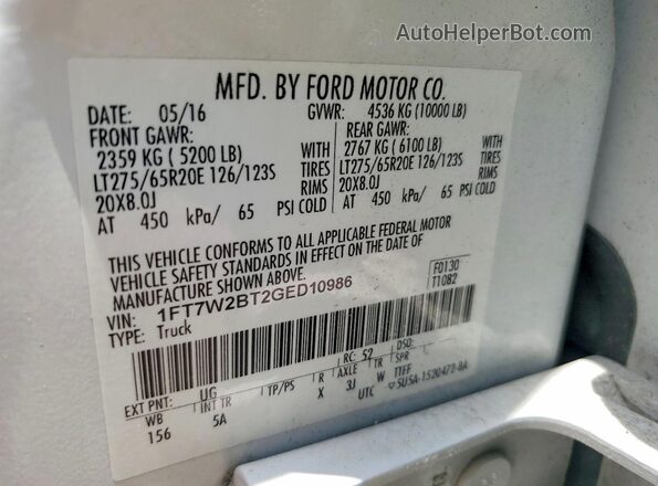 1FT7W2BT2GED10986 2016 FORD F250 White Вид наклейки з VIN-кодом
