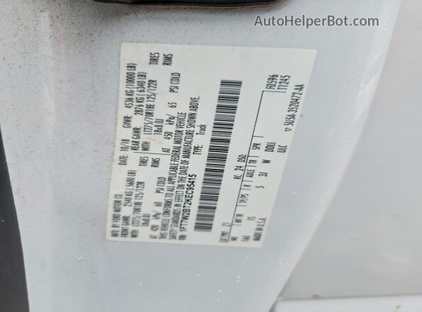 1FT7W2BT2KEC95415 2019 FORD F250 White VIN կոդի պիտակի տեսք