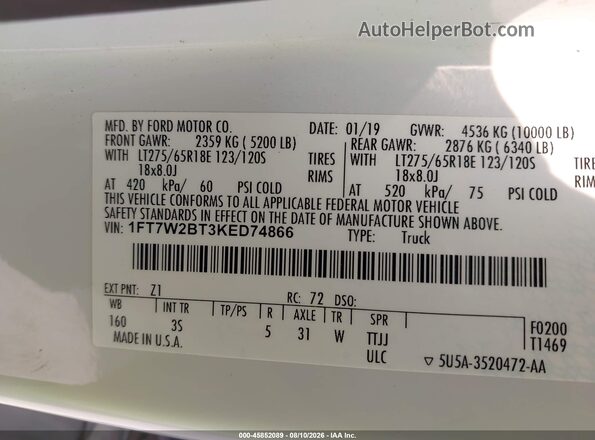 1FT7W2BT3KED74866 2019 FORD F-250 White Engine compartment view