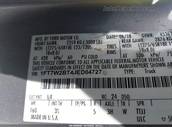 1FT7W2BT4JED04727 2018 FORD F-250 Silver Вид підкапотного простору