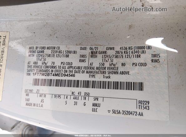 1FT7W2BT4MED94546 2021 FORD F-250 Белый Вид подкапотного пространства
