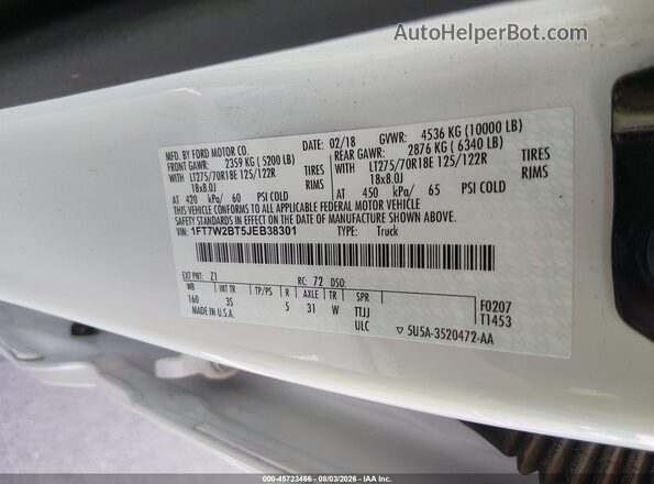 1FT7W2BT5JEB38301 2018 FORD F-250 White Շարժիչի բաժամունքի տեսք