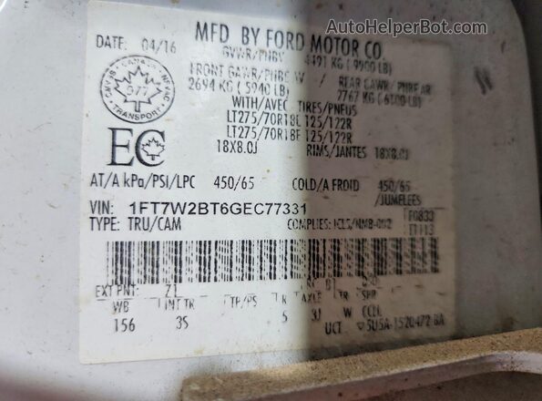 1FT7W2BT6GEC77331 2016 FORD F250 White Շարժիչի բաժամունքի տեսք