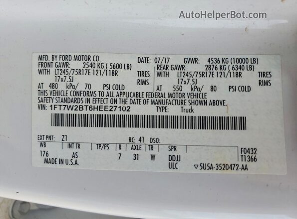 1FT7W2BT6HEE27102 2017 FORD F250 Белый Вид подкапотного пространства