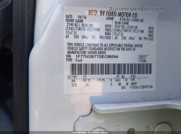 1FT7W2BT7GEC88094 2016 FORD F-250 White Widok komory silnika