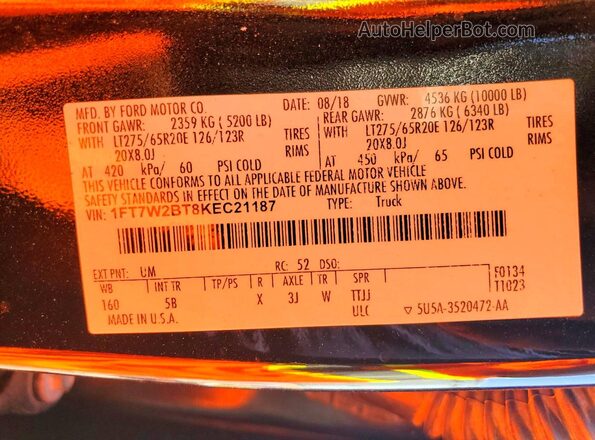 1FT7W2BT8KEC21187 2019 FORD F250 Черный Вид наклейки с VIN-кодом