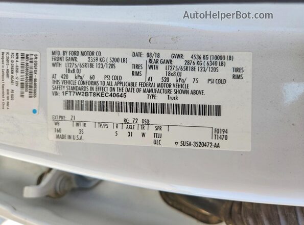 1FT7W2BT8KEC40645 2019 FORD F250 White Շարժիչի բաժամունքի տեսք