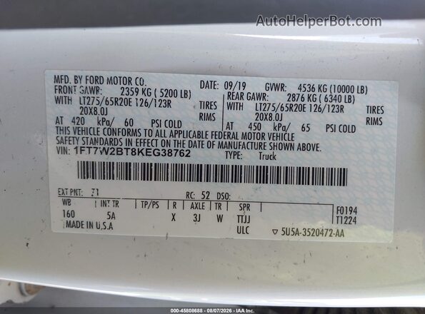 1FT7W2BT8KEG38762 2019 FORD F-250 White Engine compartment view