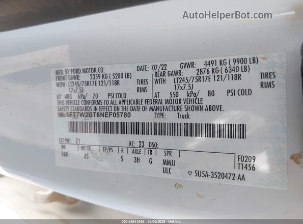 1FT7W2BT8NEF05780 2022 FORD F-250 White Вид підкапотного простору