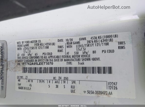 1FT7X2A65LEE73070 2020 FORD F-250 White Widok naklejki z numerem VIN