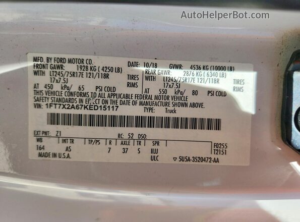 1FT7X2A67KED15117 2019 FORD F250 White Engine compartment view